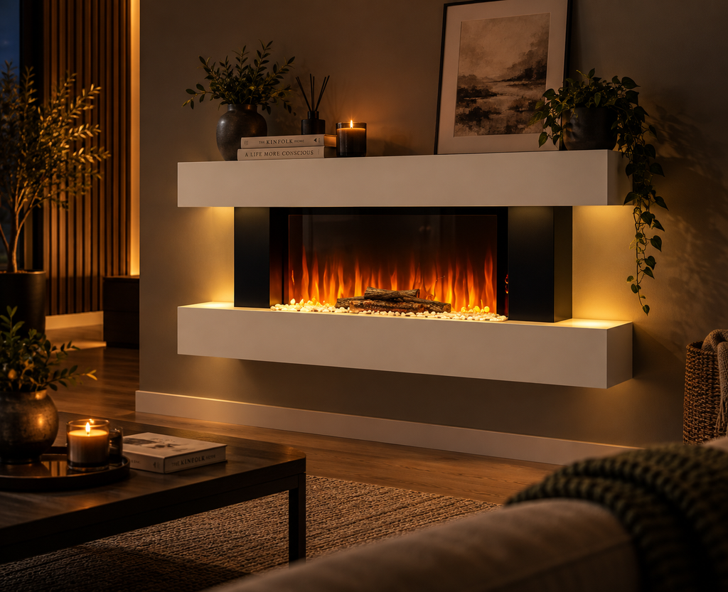 Electric Fire Suite Black Fireplace with White LED Surround Set