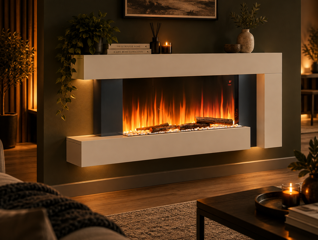 52 Inch Electric Fire Suite Black Fireplace with White Surround Set