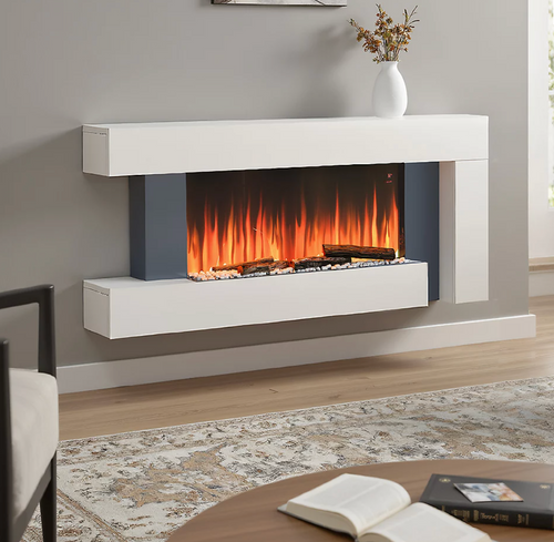 52 Inch Electric Fire Suite Black Fireplace with White Surround Set
