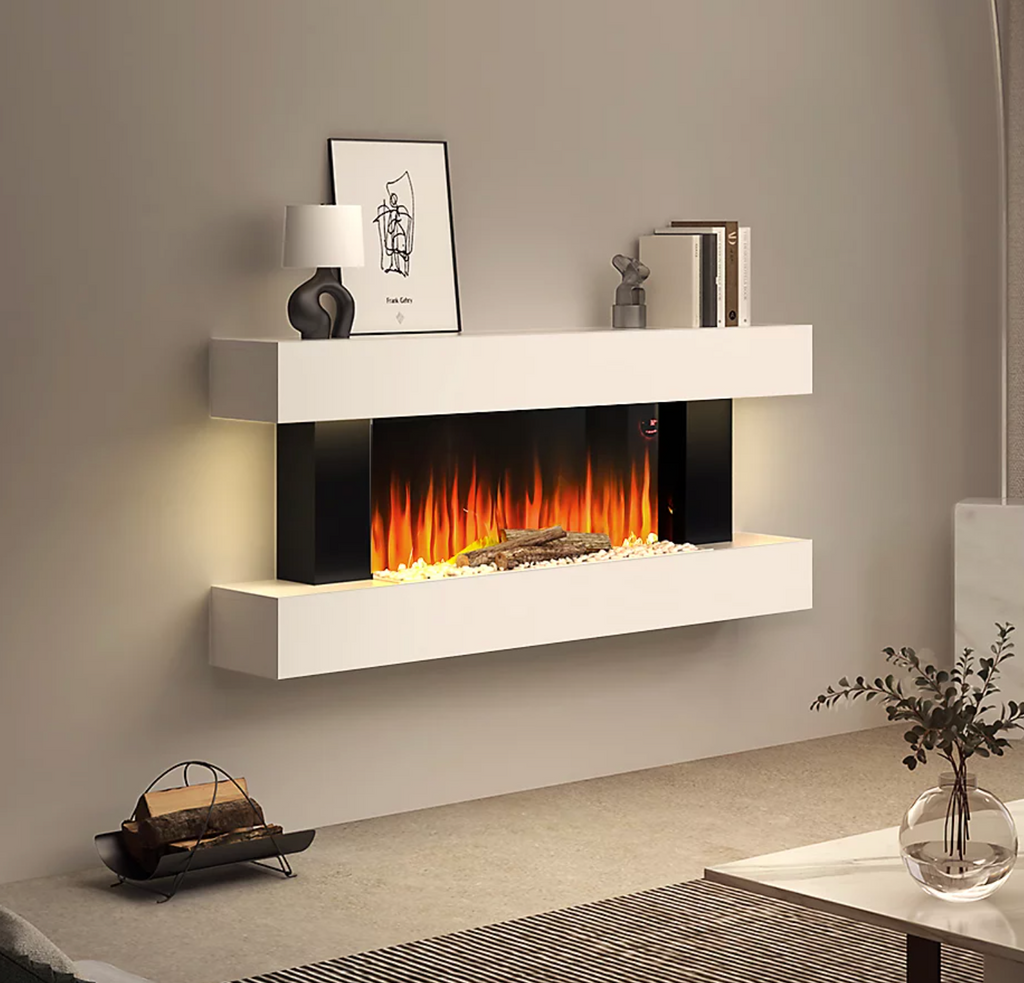 Electric Fire Suite Black Fireplace with White LED Surround Set