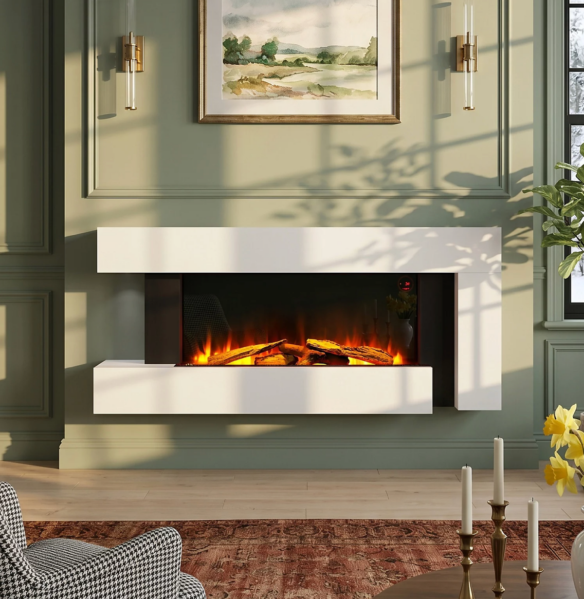 52 Inch Electric Fire Suite Black Fireplace with White Surround Set