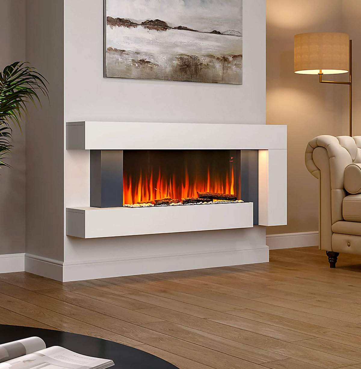 52 Inch Electric Fire Suite Black Fireplace with White Surround Set