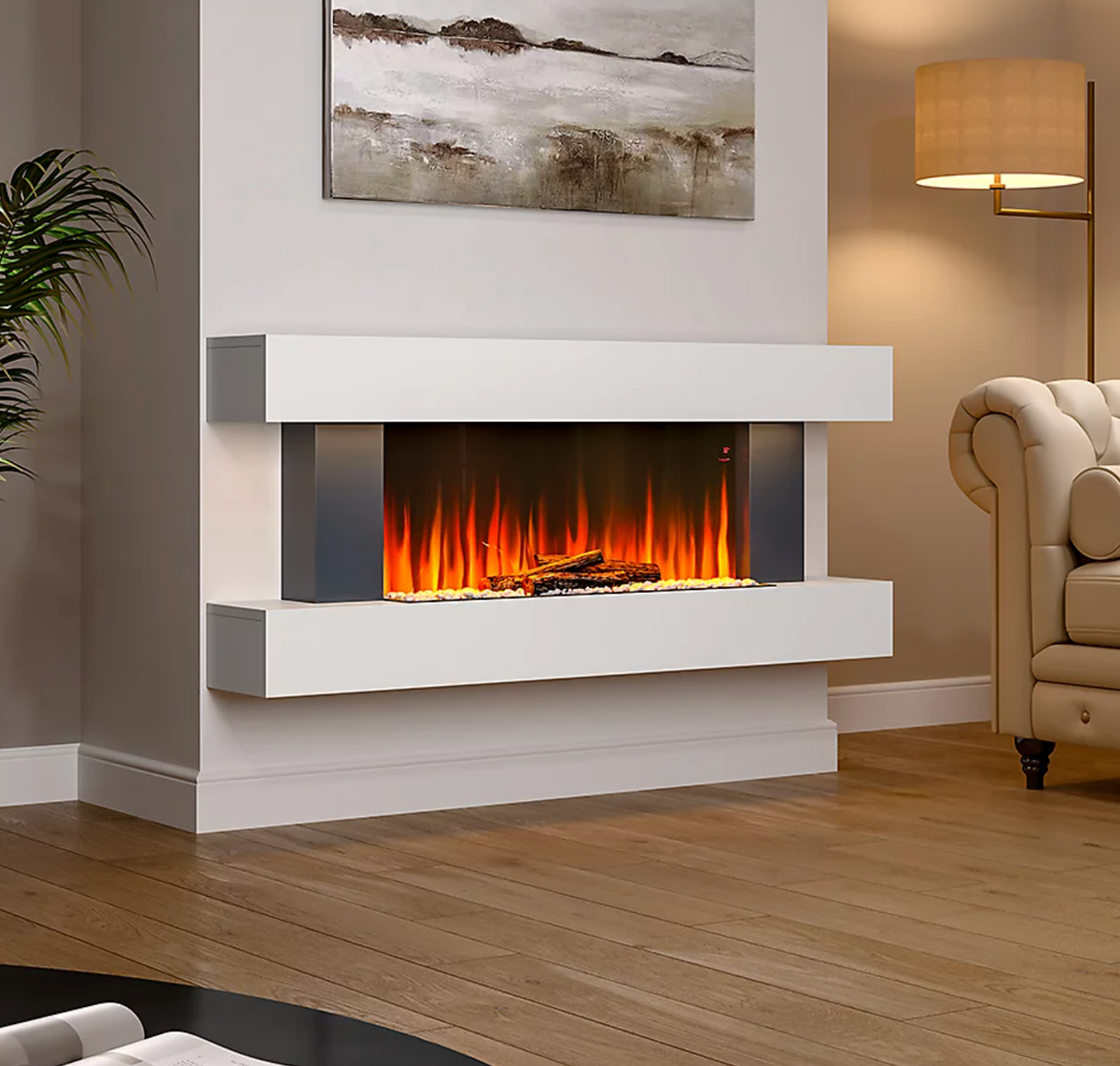 Electric Fire Suite Black Fireplace with White LED Surround Set