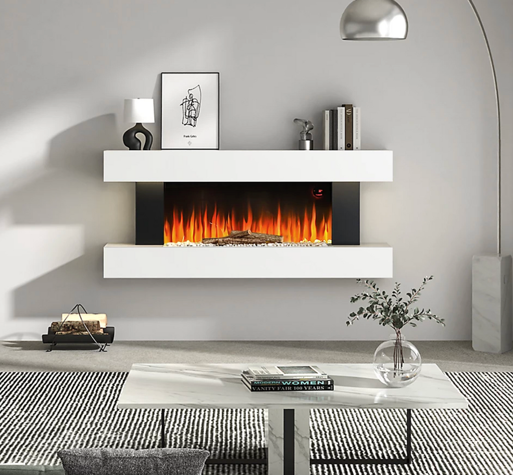 Electric Fire Suite Black Fireplace with White LED Surround Set